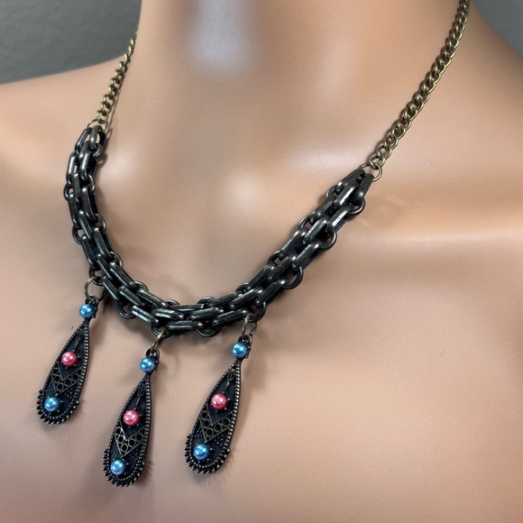 18” Antique Gold Chain Necklace with Pink and Blue Accents - Picture 2 of 5